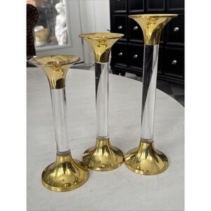 Vintage 3 Brass Lucite Mid Century Graduated Candlesticks - Hollywood Regency